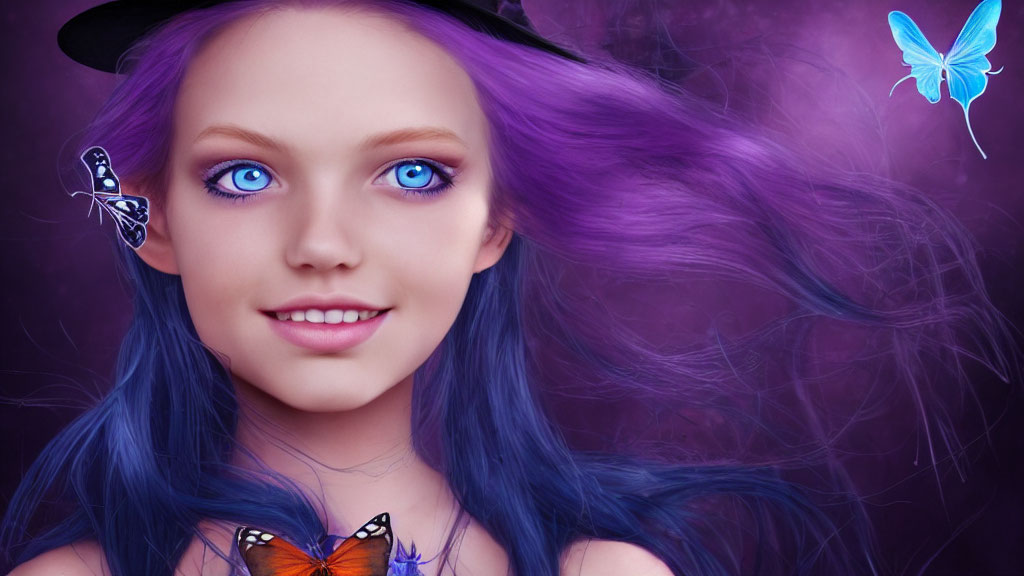 Smiling girl with purple hair and butterflies on purple background