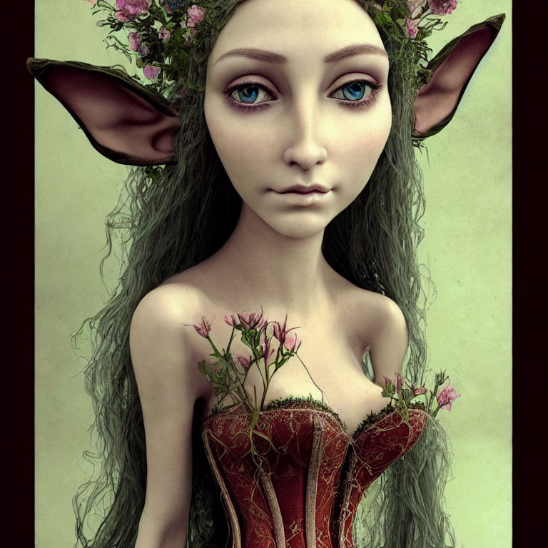Fantasy female creature with pointed ears and blue eyes in floral corset