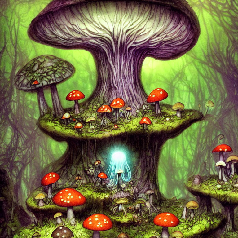 Enchanted forest with oversized mushrooms and glowing figure