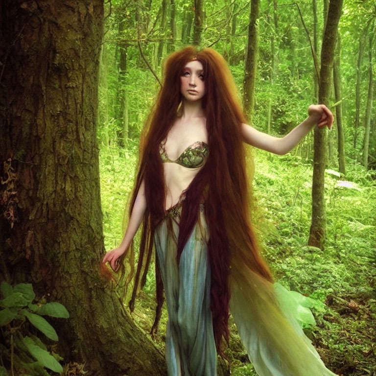 Long red-haired person in forest wearing green and blue costume by tree