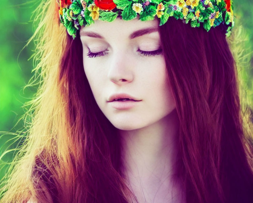 Red-haired woman with flower crown in serene nature setting.