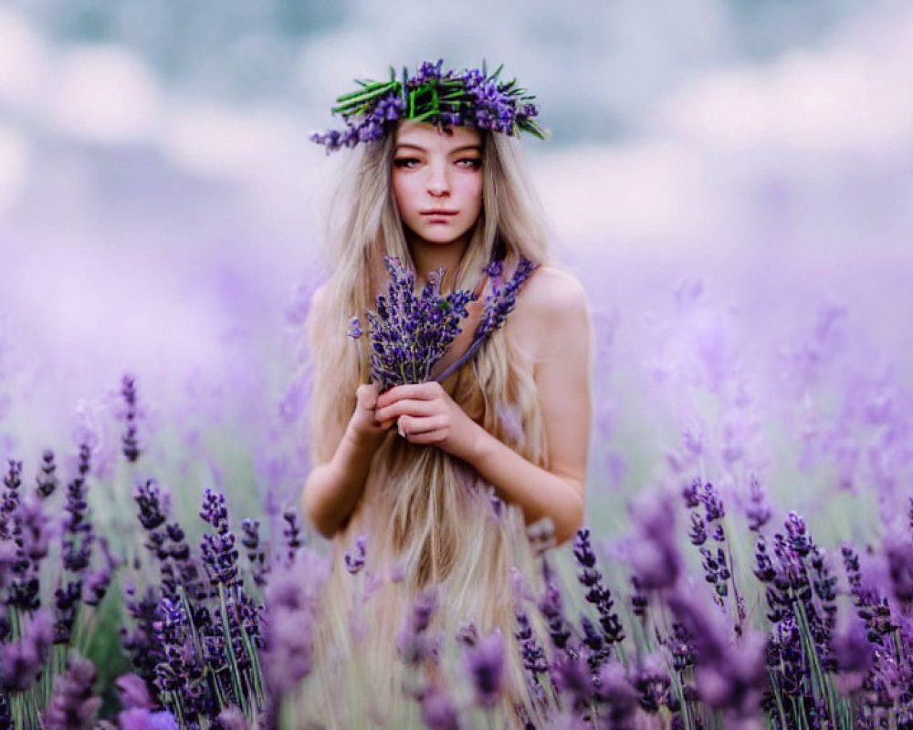 Woman in floral crown surrounded by lavender field with bouquet