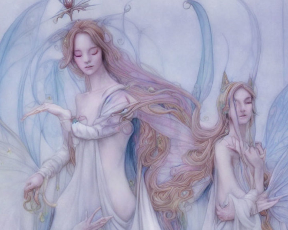 Ethereal fairy figures with delicate wings in serene blue setting