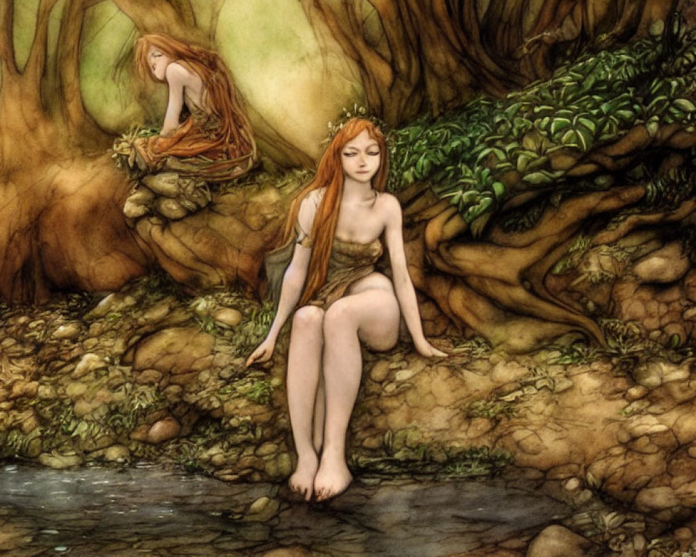 Ethereal red-haired figures in tranquil woodland setting