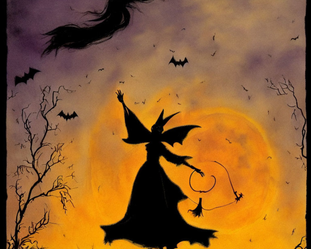Silhouette of witch with broom under full moon and bats in dusky sky