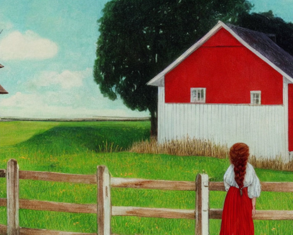 Young girl with braided hair by wooden fence gazes at red barn in serene green landscape
