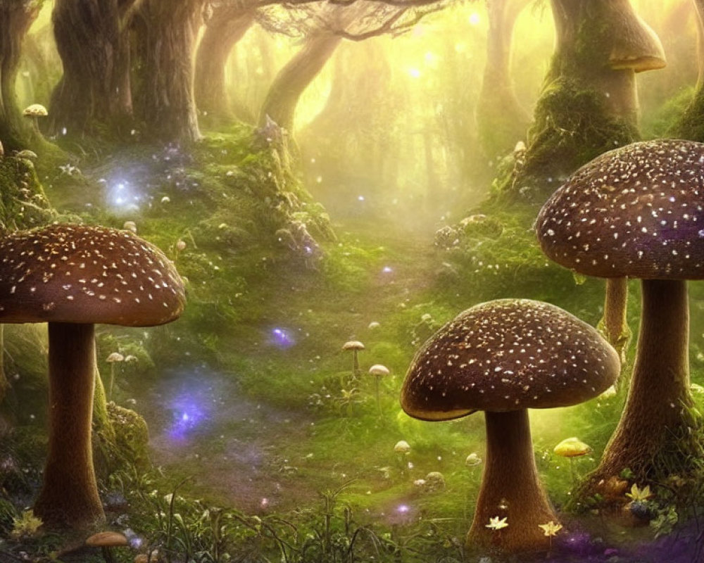 Enchanted forest scene with oversized mushrooms and mystical light rays