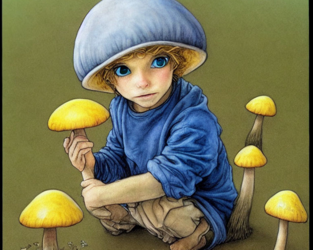Blond child in blue outfit crouching among tall mushrooms