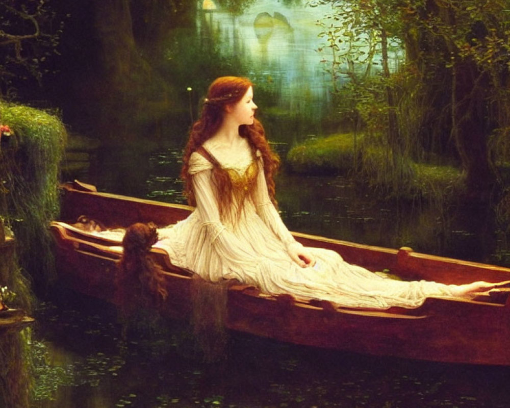 Tranquil painting of woman in white dress in boat surrounded by greenery