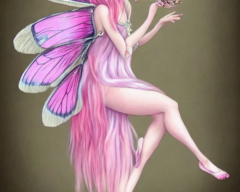 Illustration of whimsical fairy with pink hair and butterfly on hand