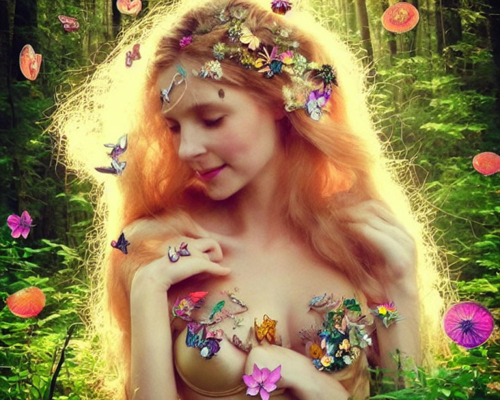 Blonde woman with butterflies and flowers in forest setting