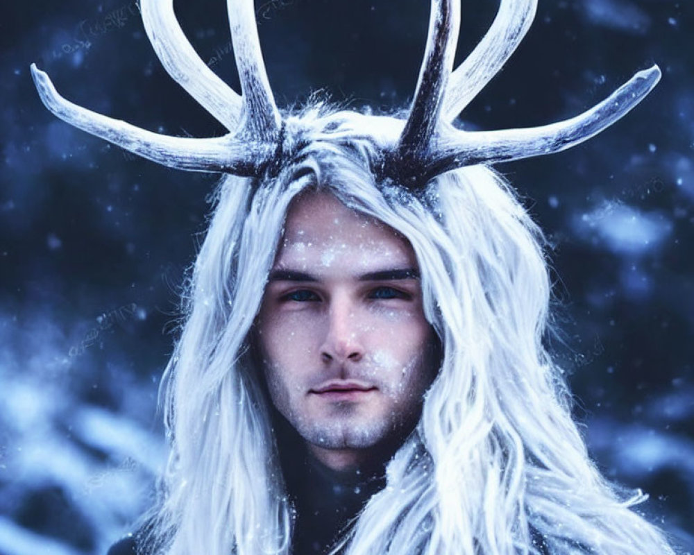 Person with Long White Hair Wearing Antler Crown in Snowy Scene