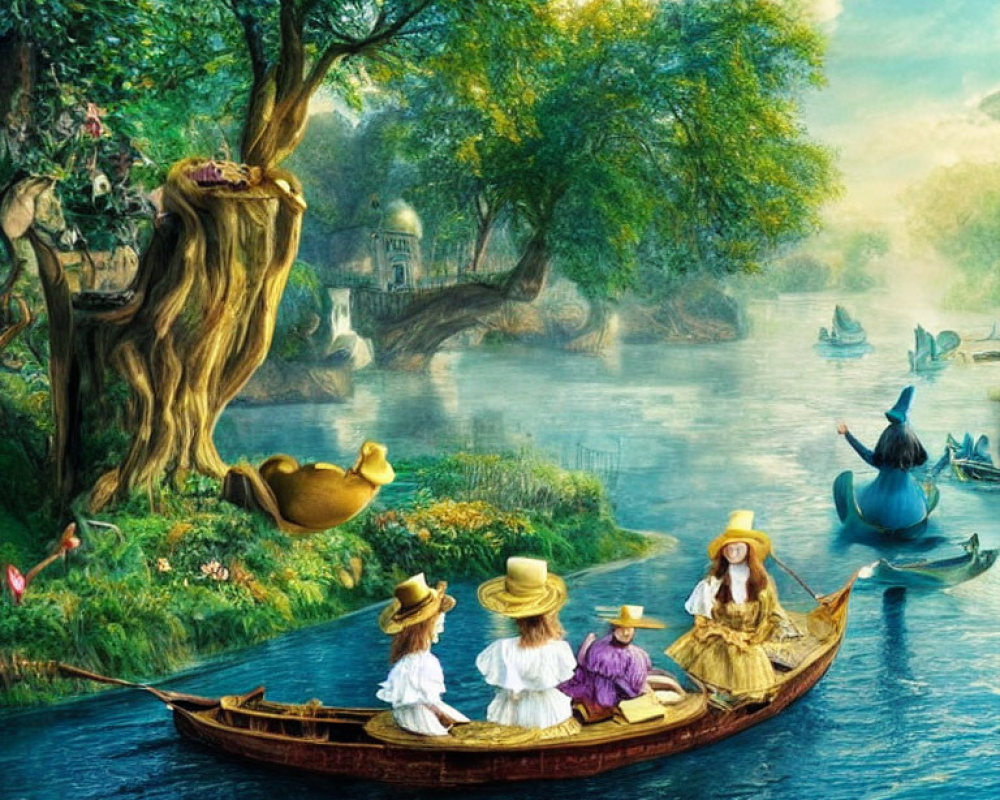Vintage boat with three people on serene river surrounded by lush greenery and giant ducks, quaint cottage in
