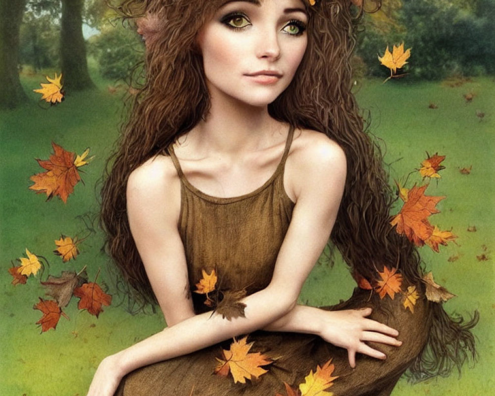 Young woman with fall leaves in hair, brown dress, seated in forest setting with falling leaves.