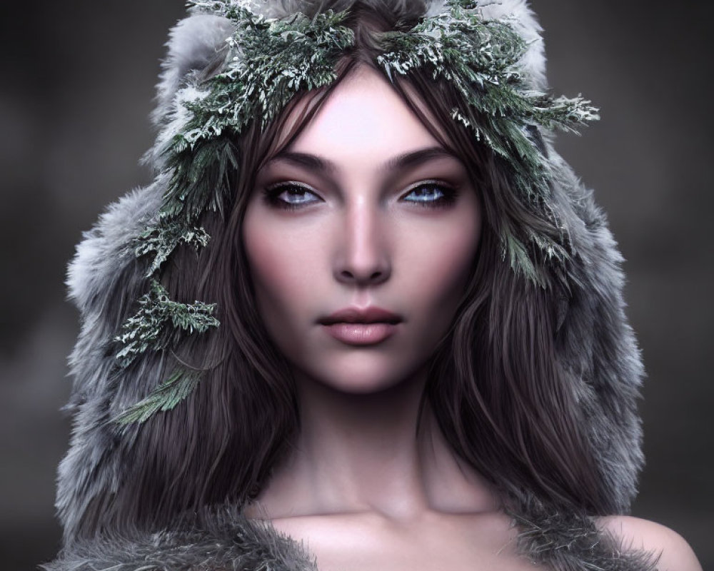 Woman with Striking Blue Eyes in Winter-themed Fur Hood