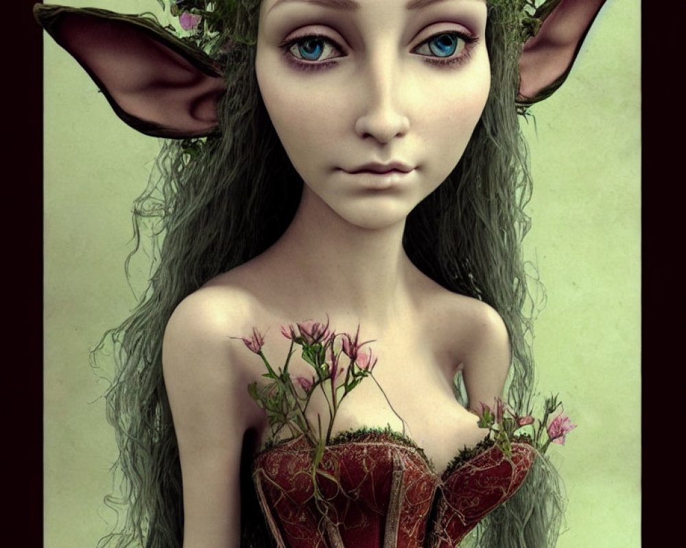 Fantasy female creature with pointed ears and blue eyes in floral corset