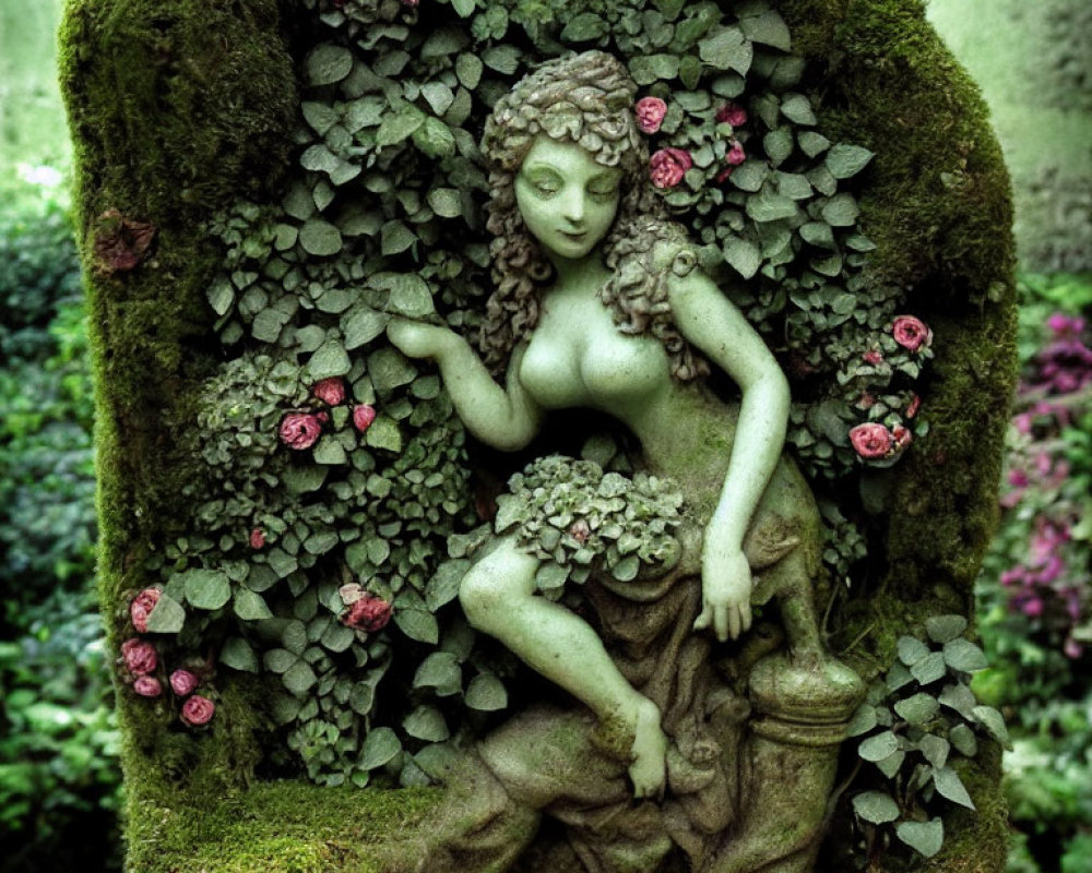 Serene female figure statue with moss, green leaves, and pink flowers in mystical garden