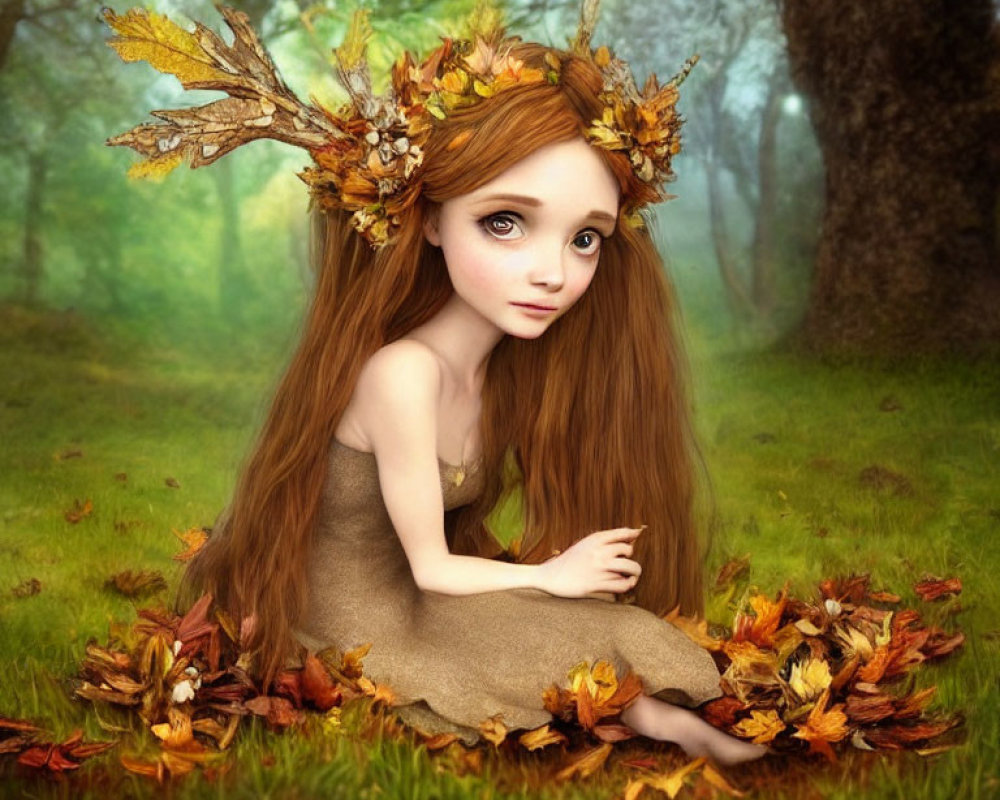 Illustration of girl with large eyes and autumn leaf-adorned hair in forest.