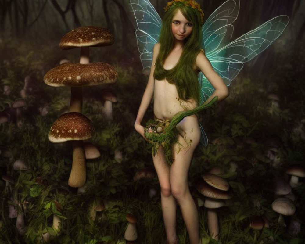 Green-haired fairy in mystical forest with oversized mushrooms