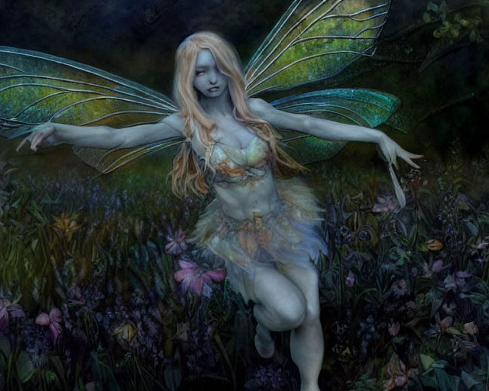 Ethereal fairy with translucent wings in moonlit forest