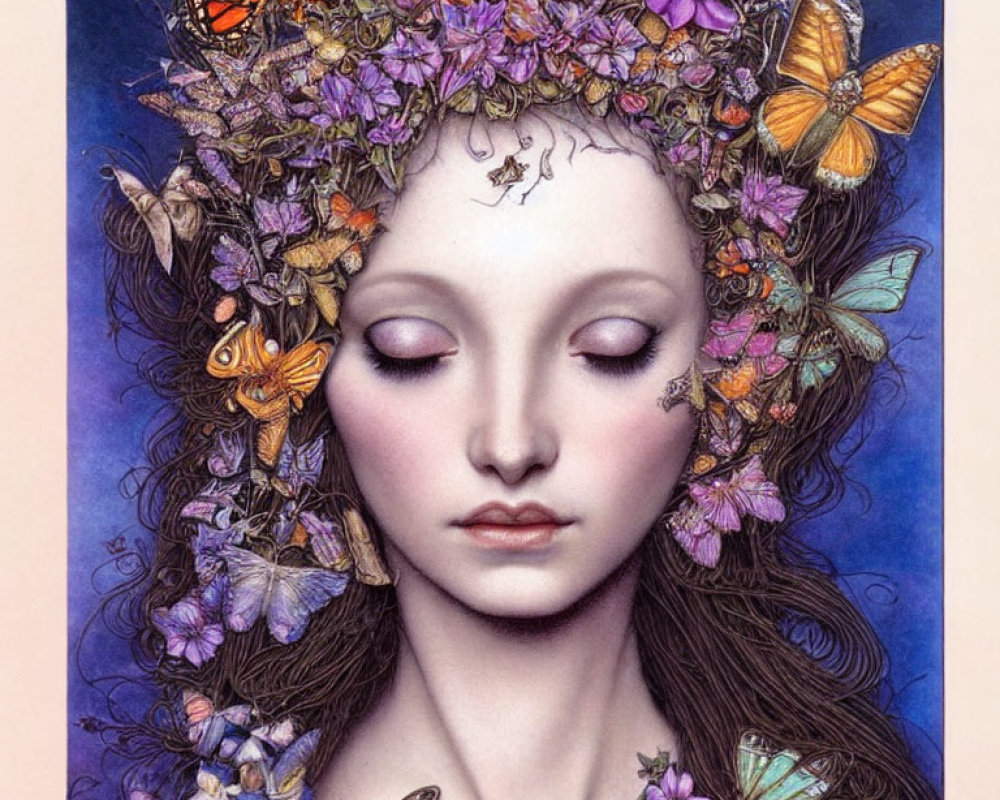 Serene woman with closed eyes, floral wreath, butterflies in purple and orange