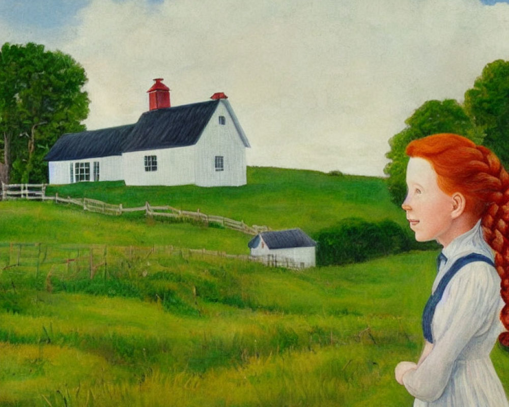 Red-haired girl with braids in front of white farmhouse in green landscape