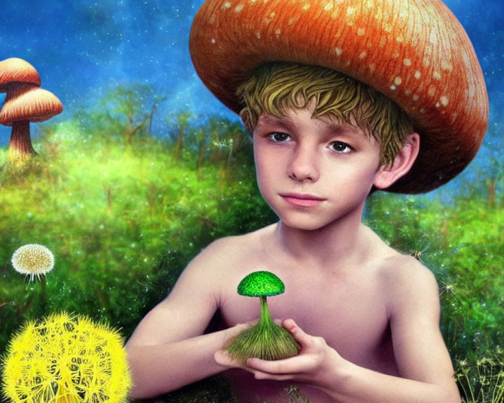 Boy with Mushroom Cap Hat in Fantasy Meadow with Giant Dandelions