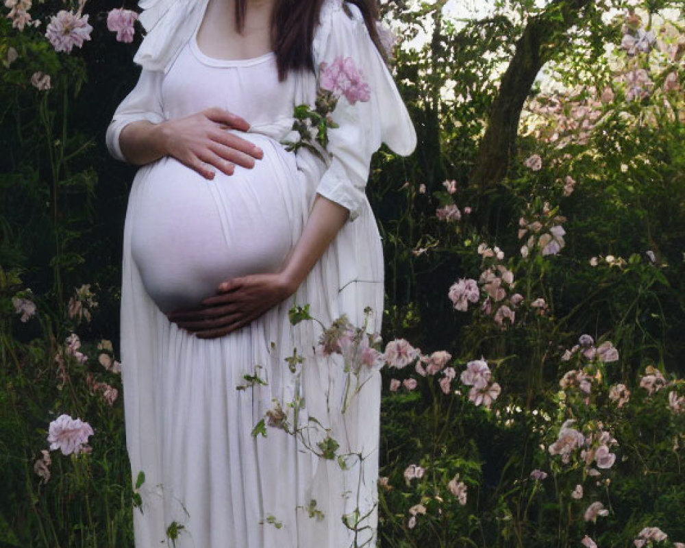 Pregnant woman in white dress with floral crown among wildflowers