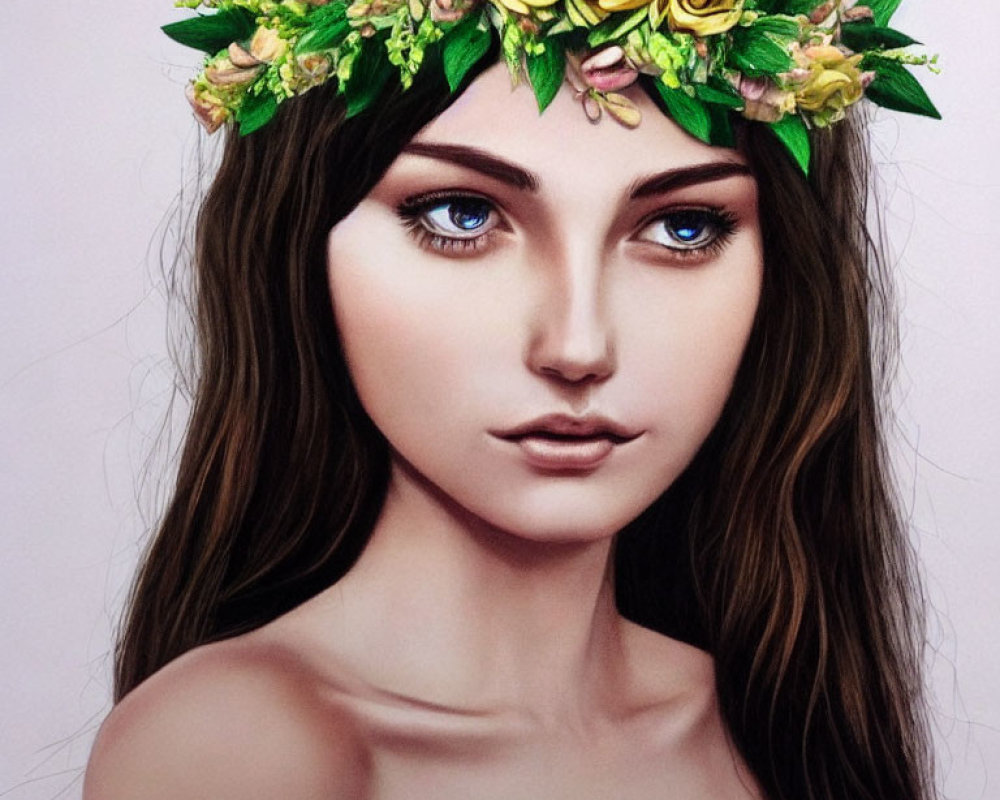 Detailed digital portrait of a woman with floral headband and subtle smile