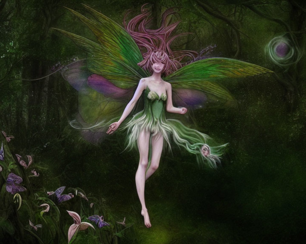 Colorful Winged Fairy in Enchanted Forest with Purple Flowers
