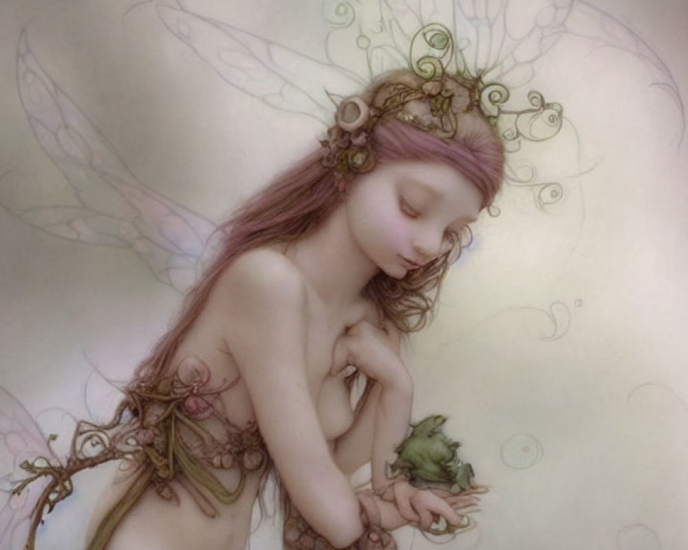 Fantasy fairy with delicate wings and floral ornaments interacting with a green frog
