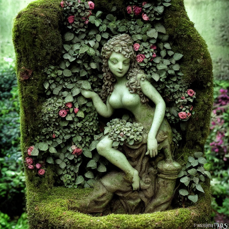 Serene female figure statue with moss, green leaves, and pink flowers in mystical garden