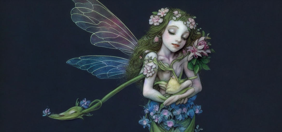 Fairy with flower-adorned wings hugging a rose on dark background