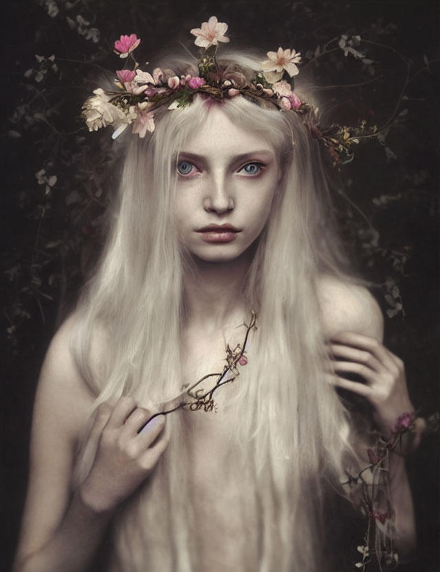 Pale-skinned person with long blonde hair and floral crown, blue eyes, delicate pose on dark background