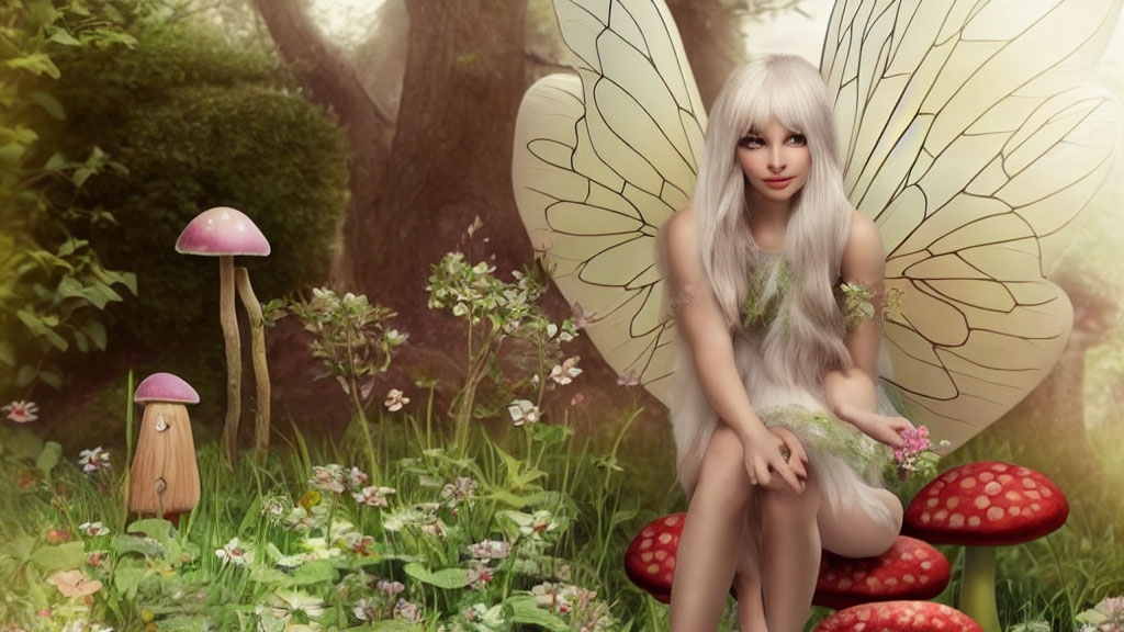 Whimsical fairy with translucent wings in enchanted forest scene