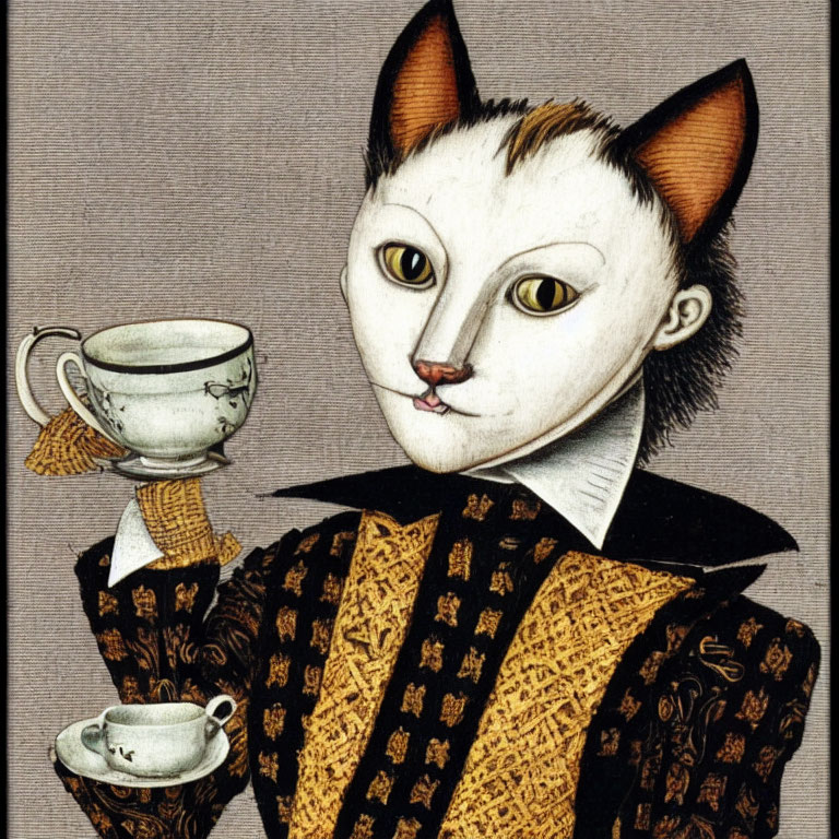 Humanoid cat in renaissance attire with teacup - white face, brown ears