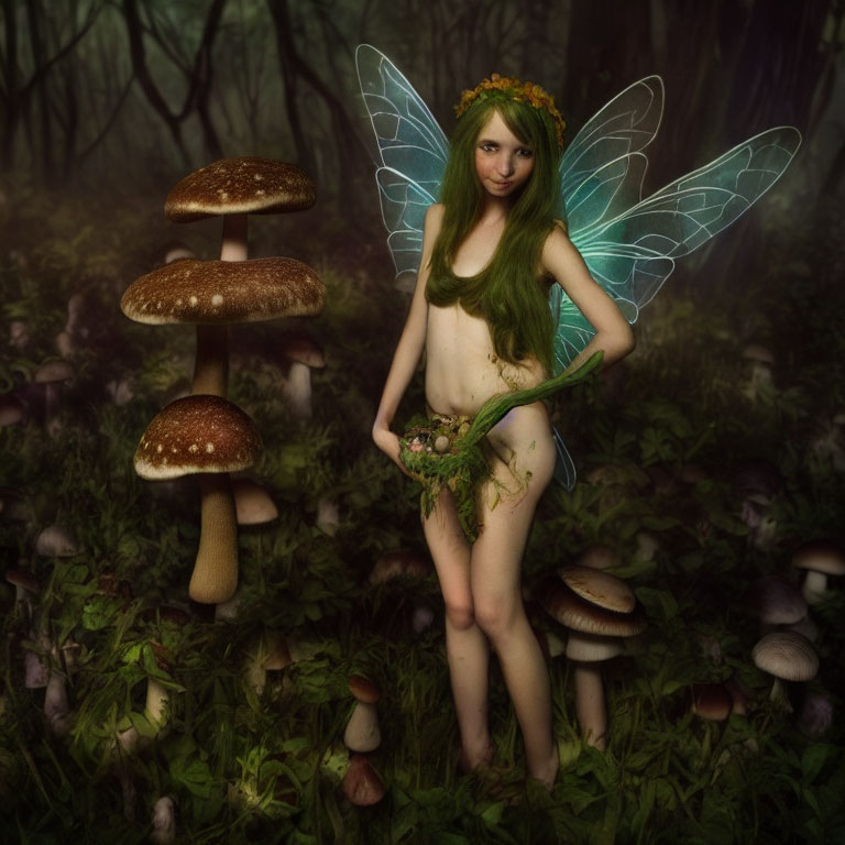 Green-haired fairy in mystical forest with oversized mushrooms