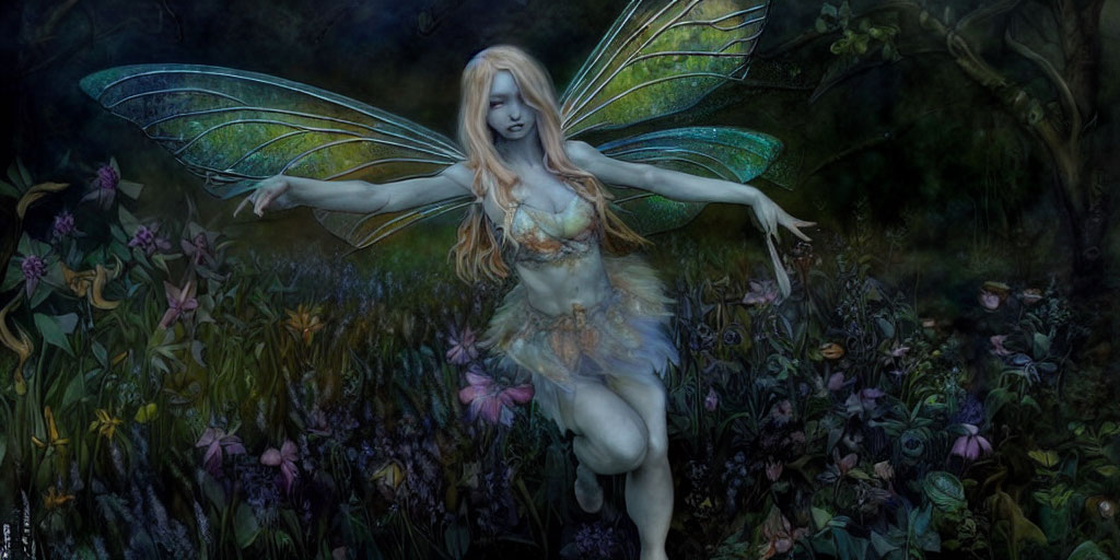 Ethereal fairy with translucent wings in moonlit forest