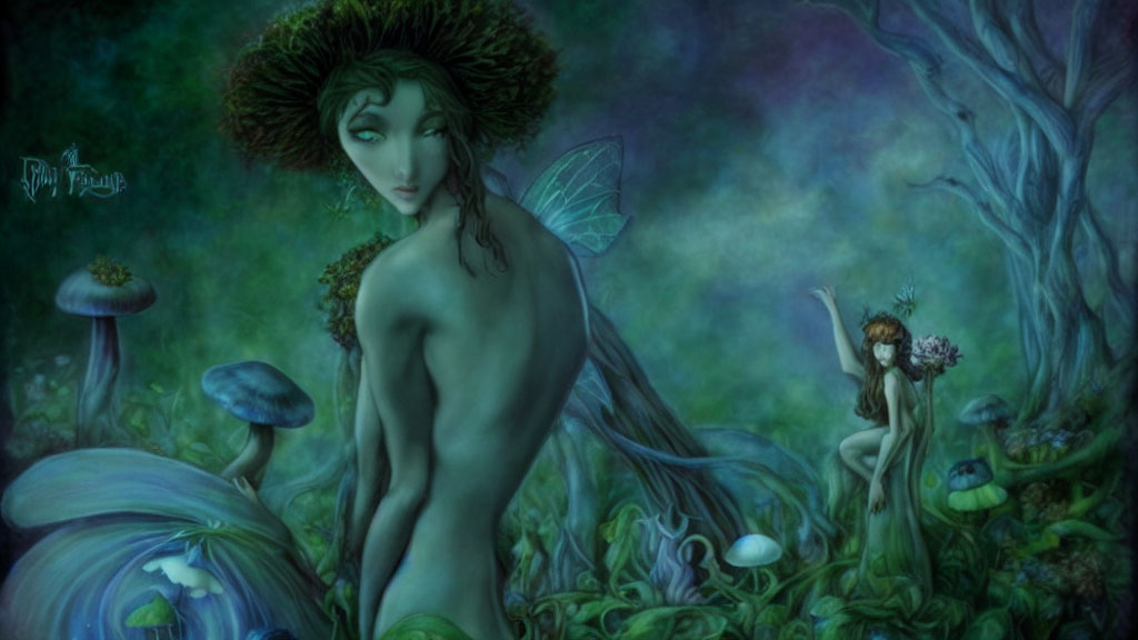 Enchanting green-haired fairy with companion in moonlit forest