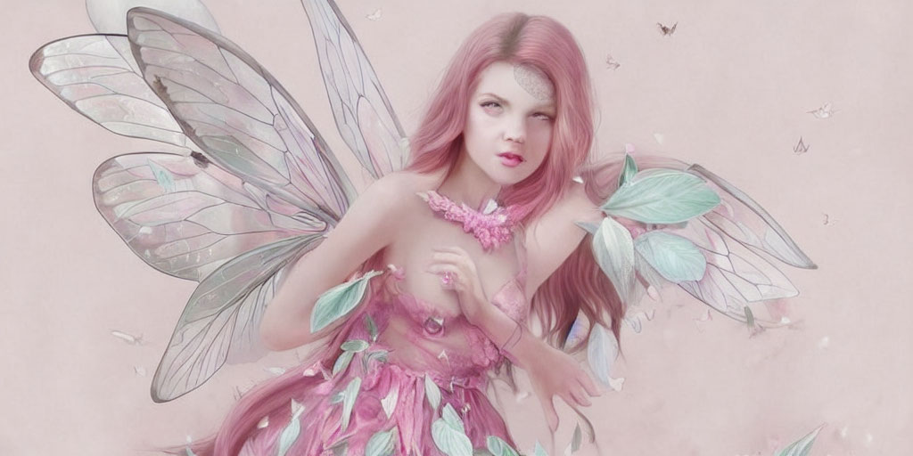 Whimsical fairy with pink hair, translucent wings, petal dress, surrounded by butterflies