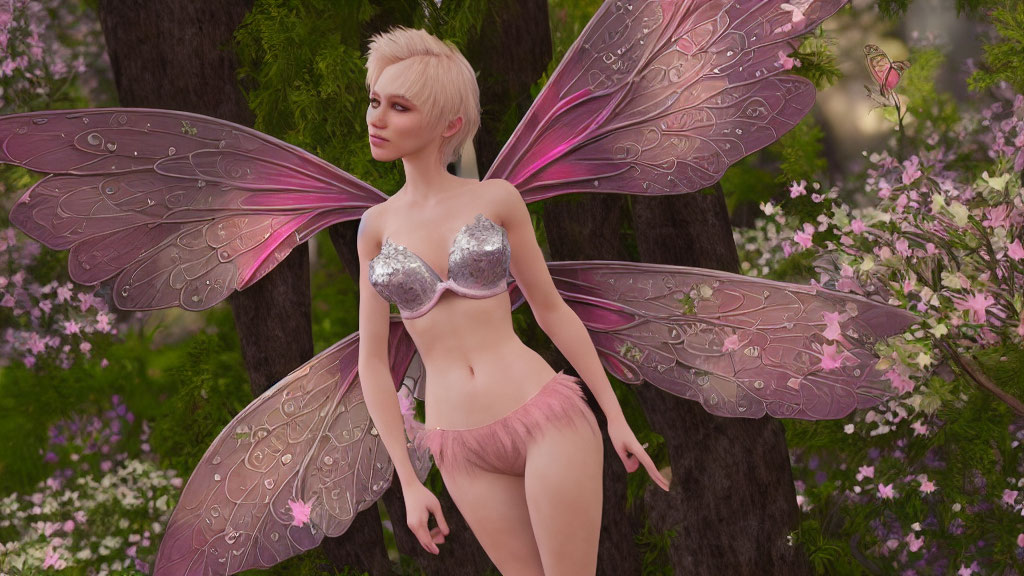 Digital artwork: Fairy with pink translucent wings in silver and pink outfit in blooming flower forest