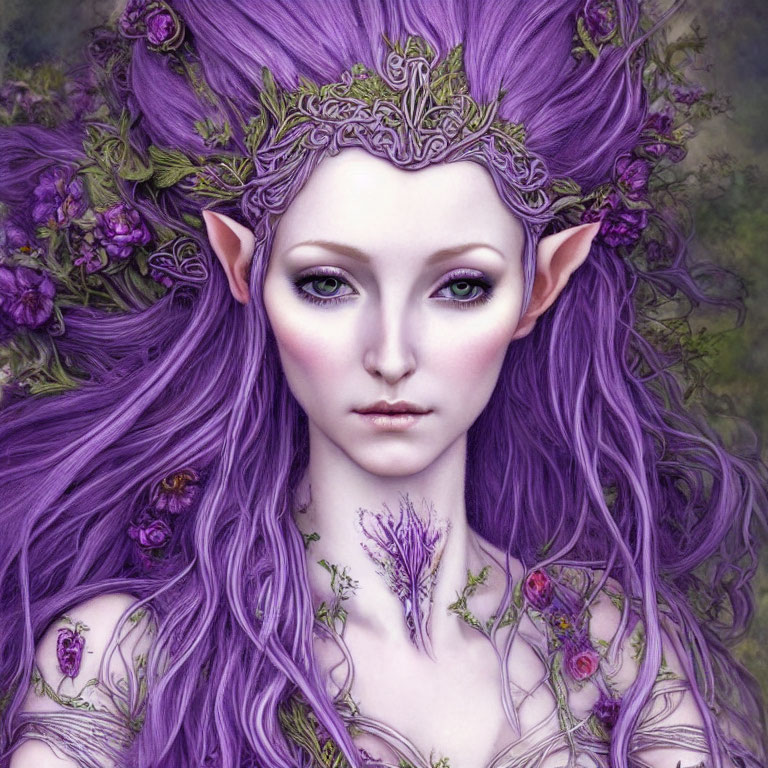 Fantasy portrait of female with pointed ears, purple hair, floral tattoos