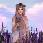 Woman in floral crown surrounded by lavender field with bouquet