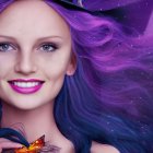 Smiling girl with purple hair and butterflies on purple background