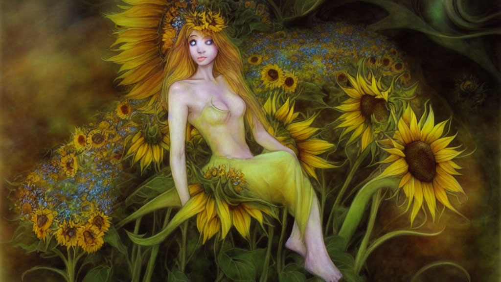 Illustrated female figure in sunflower-themed attire in magical sunflower field