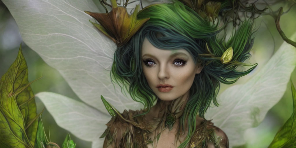 Fantastical female figure with green hair and leaf wings in nature-inspired attire