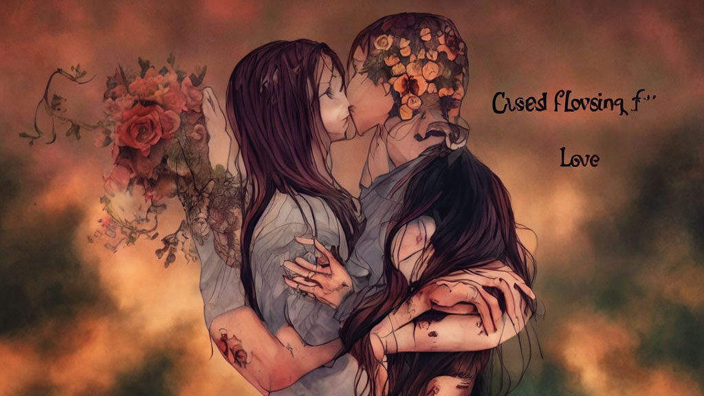 Autumn-themed animated characters kissing with floral decor and inscription.