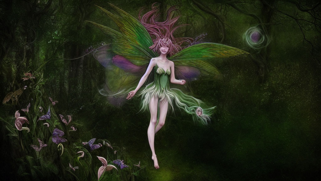 Colorful Winged Fairy in Enchanted Forest with Purple Flowers