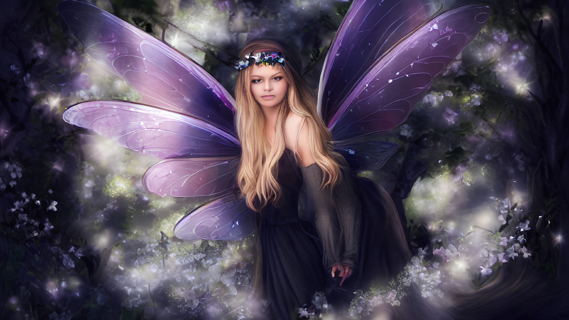 Fairy in mystical forest with purple wings and blooming flowers