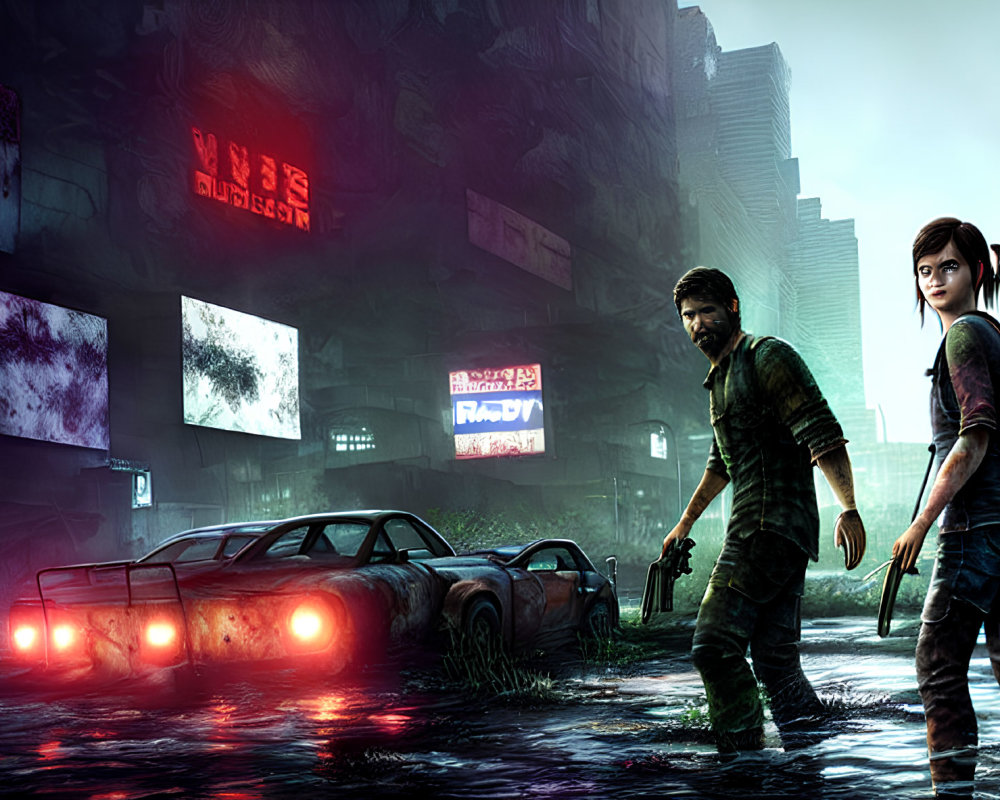Man and young woman explore flooded, neon-lit cityscape.